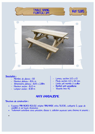 Table banc Fontou LA9205 Loisirs Aménagements - Educ' Loisirs