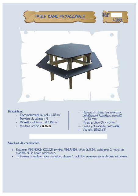 Table-banc hexagonale assise 45 cm LA4203NP