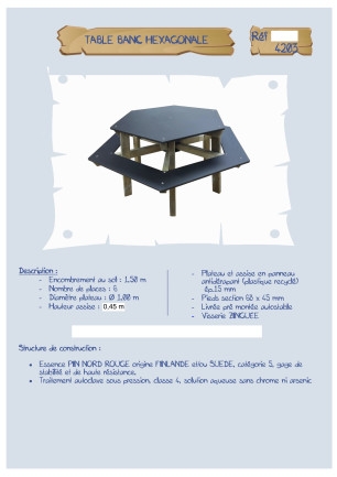 Table banc hexagonale assise 45 cm LA4203NP Loisirs Aménagements - Educ' Loisirs